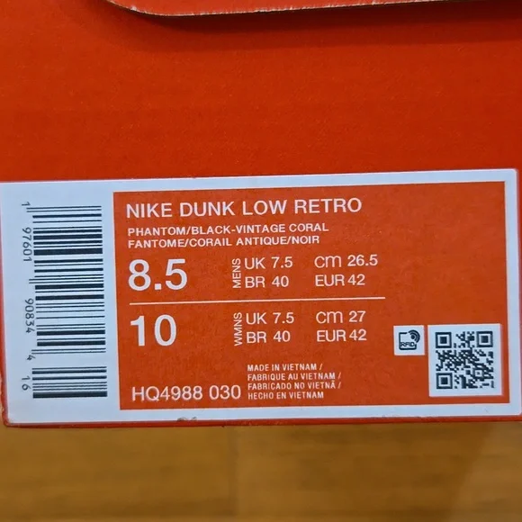 Nike Dunk Low Retro Phanthom Black/Vintage Coral Size M8.5/W10 HQ4988 030 - Picture 7 of 7